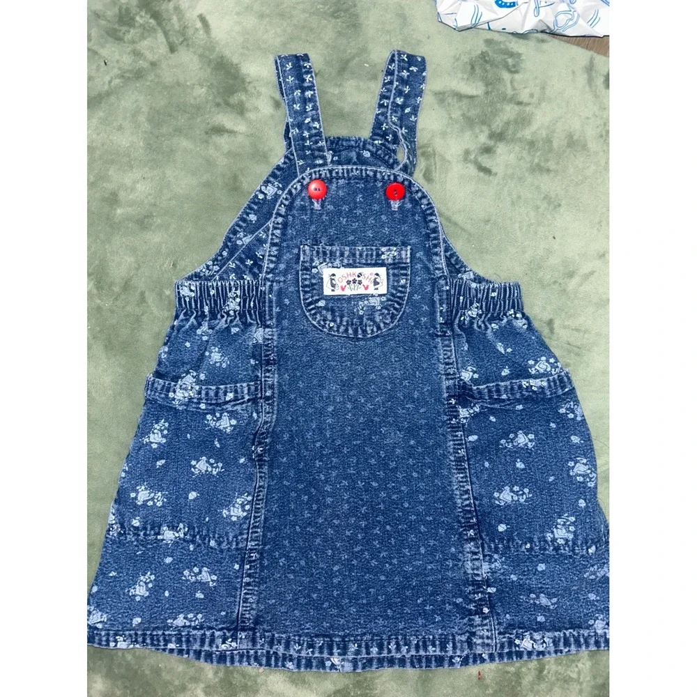 Vintage OshKosh Bgosh Vestbak Denim Jumper‎ Dress Teddy Bear Floral Blue 4T USA